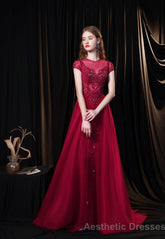 Cap Sleeves Prom Dress 2025 Beading Appliques Tulle Scoop Floor Length Burgundy Prom Dresses